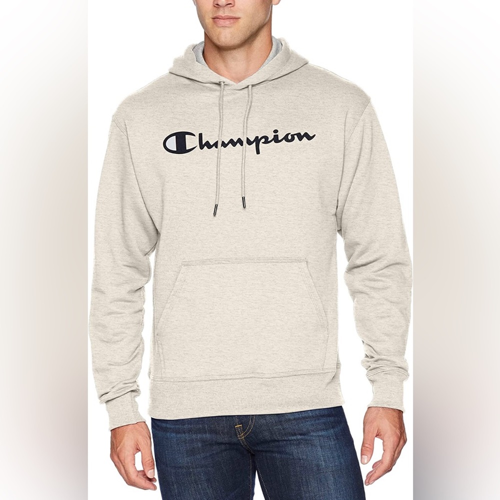 Champion Powerblend Men's Hoodie, Script Logo - Oatmeal Heather, M